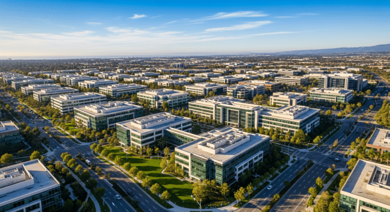 California tech workforce investments - aerial view of Orange County business district