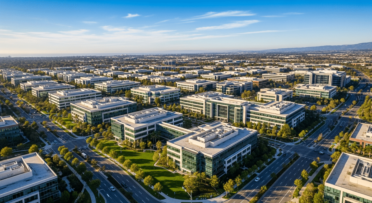 California tech workforce investments - aerial view of Orange County business district